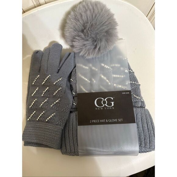 C G New York Women's Rhinestone Embellished 2Piece Hat & Glove Set Gray OS NWT - Picture 6 of 6